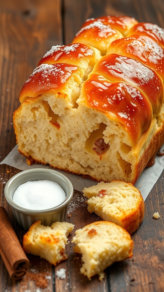 A loaf of monkey bread biscuits, golden brown and sticky, on a wooden table with cinnamon sugar.